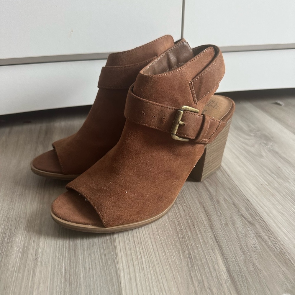 Time and Tru Tan Suede Peep-Toe Heels
